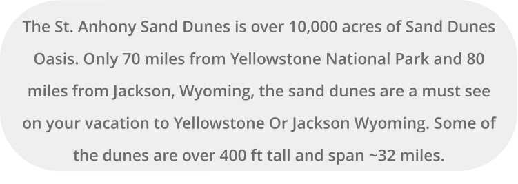 The St. Anhony Sand Dunes is over 10,000 acres of Sand Dunes Oasis. Only 70 miles from Yellowstone National Park and 80 miles from Jackson, Wyoming, the sand dunes are a must see on your vacation to Yellowstone Or Jackson Wyoming. Some of the dunes are over 400 ft tall and span ~32 miles.